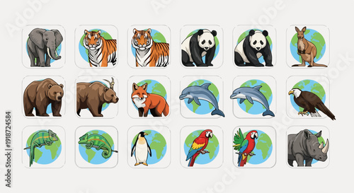 Endangered species icons with earth globe background animals and wildlife symbols for conservation and eco friendly concepts
