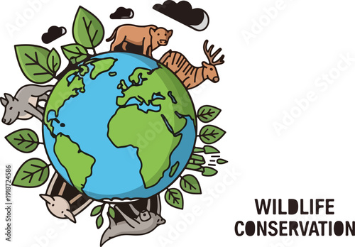 Earth with animals and leaves for wildlife conservation and eco friendly concepts