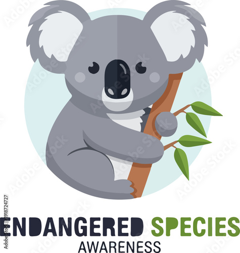 Cuddly koala holding eucalyptus branch endangered species awareness illustration