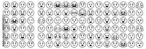 Emoji face icons grid set with black outline doodle expressions, cartoon emoticons showing happy, sad, angry, surprised moods for chat, UI stickers and social media