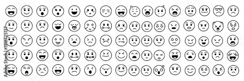 Emoji faces hand drawn set with 100 doodle smiley icons showing happy, sad, angry and surprised expressions, black outline sketch emoticons for chat and stickers