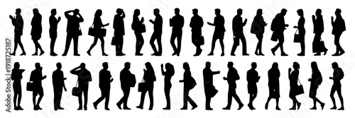 People silhouette crowd set with walking and standing poses, diverse men and women figures in black, urban commuters and pedestrians isolated on white background