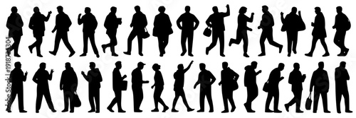 People silhouettes set with diverse walking styles and accessories featuring crowd, diversity, business with casual and running elements for office, workers projects, clean composition on simple