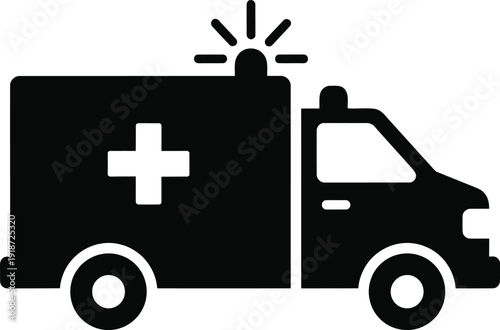 Black and white ambulance icon with cross and lights