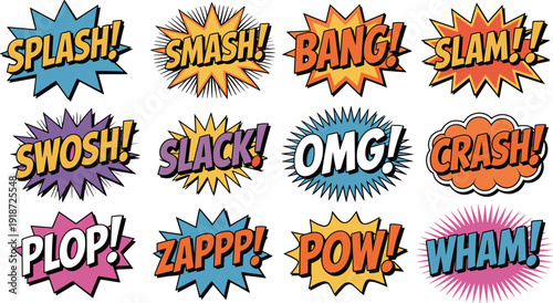 Colorful comic book sound effects collection with pop art explosion bubbles, cartoon speech bursts and dynamic typography isolated on white background for creative design