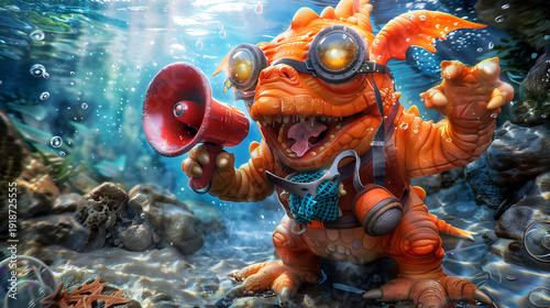 A water dragon excitedly speaks into a large megaphone