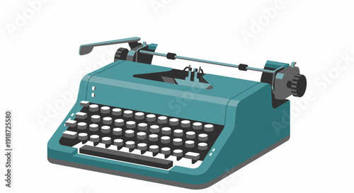 Wallpaper Mural Teal Vintage Typewriter Illustration on Clean Background, Front View with QWERTY Keyboard and Mechanical Arm Detail Torontodigital.ca