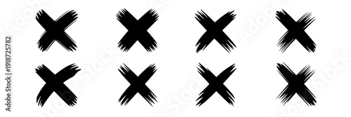 Cross marks brush stroke set with eight rough ink X symbols in grunge scribble style, abstract paint texture for cancel, close, wrong, reject icons isolated