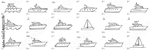 Boat line icon set with sixteen simple yacht, cruise ship and sailboat sketches in minimal outline style, nautical transport symbols for travel, marina, sea navigation design