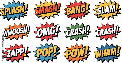 Colorful Pop Art Comic Sound Effects Collection with Explosive Speech Bubbles, Retro Cartoon Bursts and Dynamic Action Words for Creative Graphic Design Projects