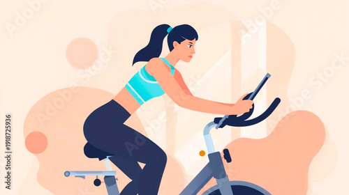 Woman exercising on stationary bike indoors, vector illustration of fitness activity