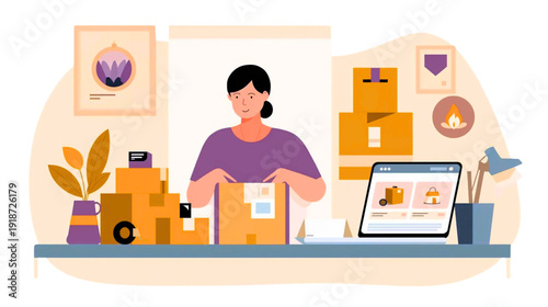Woman packing box at desk with various packages and digital device illustration