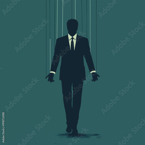 A dark silhouette of a businessman controlled by puppet strings, symbolizing manipulation, control, and lack of freedom , vector style simple color