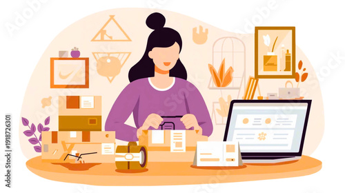 A woman is designing a graphic illustration on her laptop at a desk surrounded by various art supplies