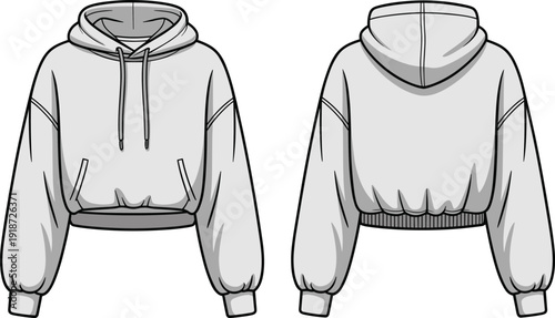 Front and back view cropped hoodie sweatshirt technical drawing template, detailed fashion flat sketch with long sleeves, ribbed cuffs and waistband for apparel design mockup