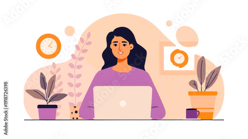 Woman working on laptop surrounded by plants in a modern workspace environment