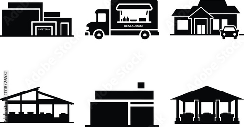 A collection of black and white icons for various types of businesses and structures