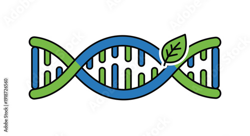 Simplified Blue and Green DNA Double Helix Illustration in Cartoon Style Against White Background