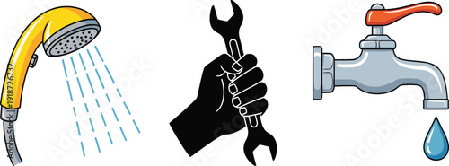 Plumbing Repair And Water Supply Icons Set With Shower Head Wrench Hand And Dripping Faucet Flat Vector Illustration
