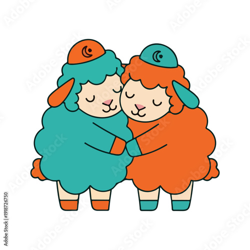 Two adorable cartoon sheep sharing a warm embrace under crescent moon hats Vector