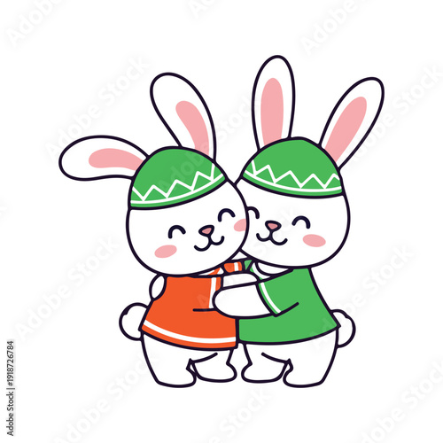Two adorable rabbits wearing festive hats and sweaters embracing each other warmly. Vector