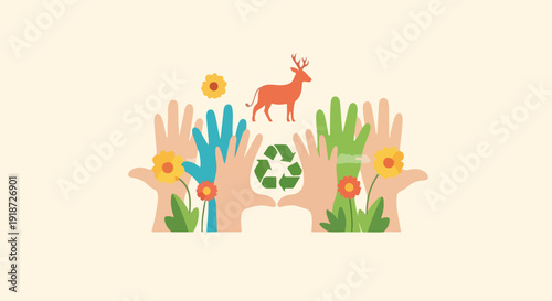 Hands up with recycling symbol surrounded by nature and a deer in a sustainable environment