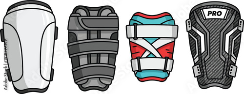 Four distinct sports protective gear items are displayed in a row against a white background.