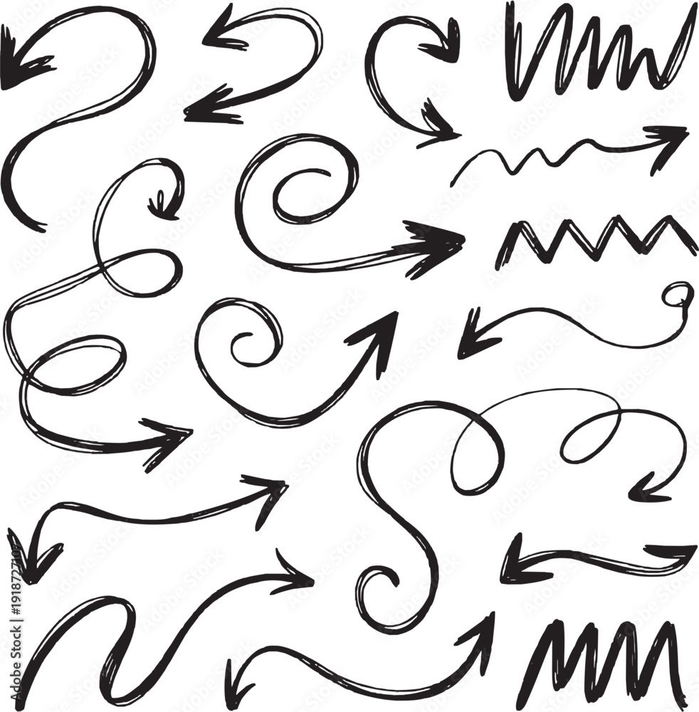 Fototapeta premium Decorative Arrow Line Editable Icon Set – Contains Icons Related to Doodle, Direction, Swirl, Motion, Sketch & More. Editable Stroke. Vector Illustration