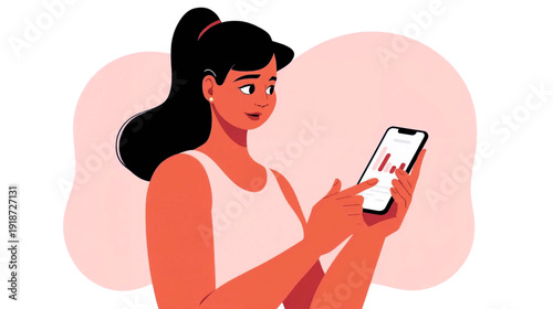 Woman viewing illustration on mobile device with vector graphic content displayed