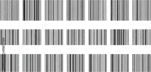 Multiple arrangements of vertical black and white barcode patterns are displayed across three rows against a white background.