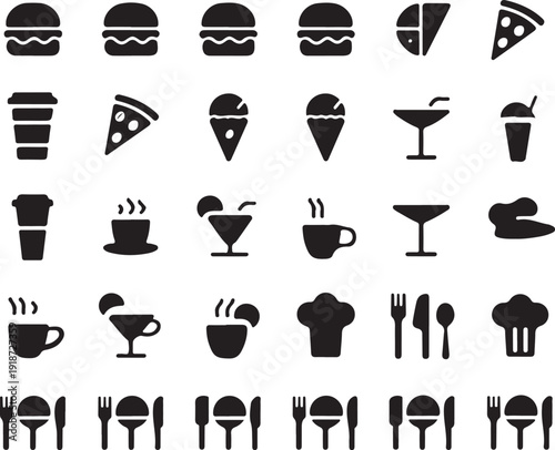 Restaurant food and drink icons set including burgers pizza ice cream coffee
