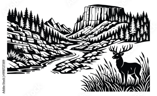Graphic line art illustration of a deer in a mountain forest landscape depicting its natural habitat for outdoor and wildlife themes