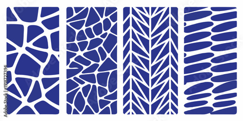 Four vertical panels featuring abstract organic blue and white patterns