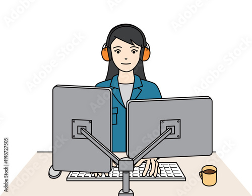 デュアルモニターでPC作業をする作業服の女性
