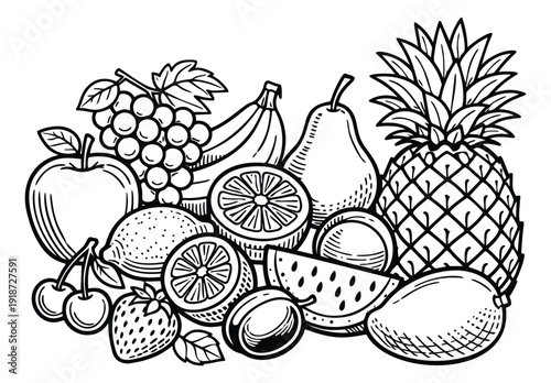 Hand drawn line art fruit set featuring a variety of fresh and tropical produce for healthy eating and fresh food concepts