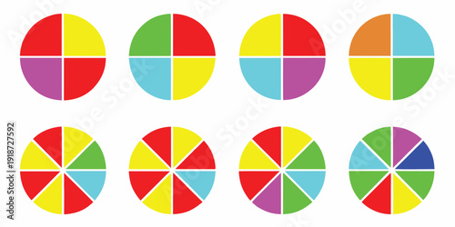Colorful pie charts arranged in two rows each divided into sections