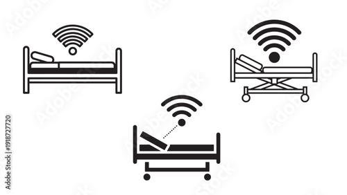Smart hospital bed icon with wireless monitoring and IoT integration for remote patient surveillance and connected care