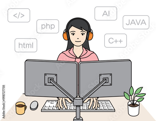 プログラミング学習に集中するイヤーマフをつけた女性