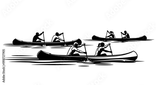 Multiple rowers paddling canoes in synchronized motion on calm waters from an aerial viewpoint
