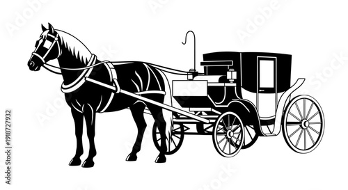 A horse drawn carriage illustration featuring a majestic horse and a classic carriage design in a simple, graphic style from a side viewpoint