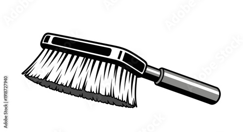 A black and white illustration of a brush with a long handle and white bristles