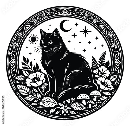 Ornate hand drawn illustration of a black cat with mystical botanical and celestial elements in a decorative frame for spiritual designs