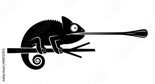 A chameleon perched on a branch, showcasing its long tongue in a simple illustration style from a side viewpoint.