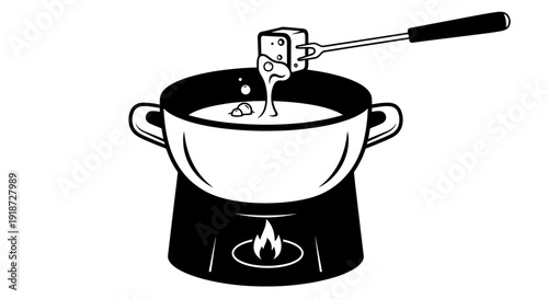A pot of liquid being heated on a stove with a ladle, viewed from the side in a simple illustration