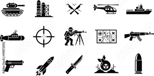 Military weapons and defense silhouettes icon set, tank helicopter submarine rocket rifle pistol tactical army black vector illustration collection