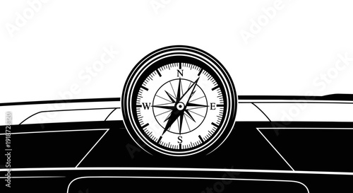 A compass on a dashboard viewed from directly above in a vehicle interior illustration