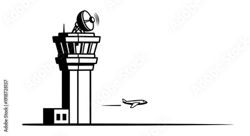 Air traffic control tower guiding an airplane during landing on a runway from a close-up viewpoint