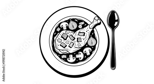 A bowl of soup with a spoon on the side, served in a simple black and white illustration style