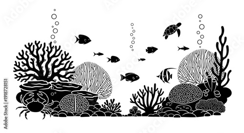 Underwater scene with diverse marine life including fish, coral, and seaweed in a vibrant ocean environment viewed from the side.