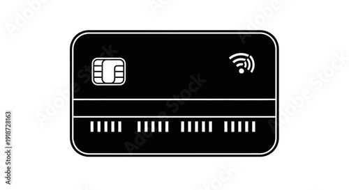A black credit card with a chip and wireless symbol on it is depicted from a front view